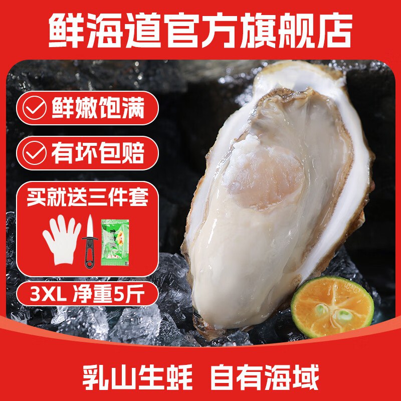 【自营】鲜海道 鲜活乳山生蚝3XL净重5斤 到手13-17只拍下42.9元包邮；赠开蚝3件套~