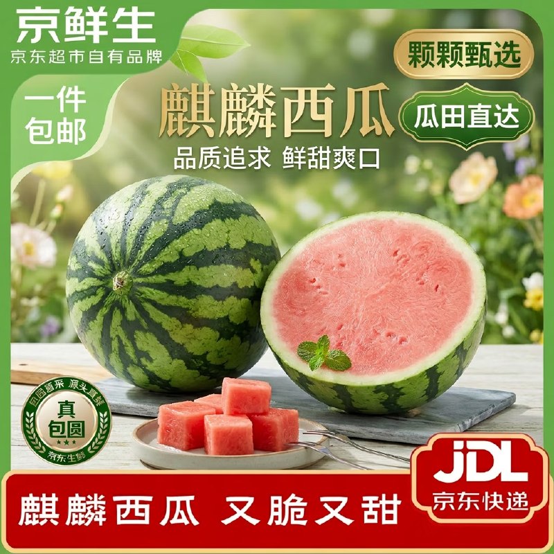 【自营】京鲜生 无籽麒麟西瓜拍下19.9元得【净5-7斤/单粒装】